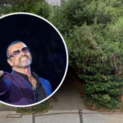 George Michael and a backdrop to Oak Hill Way, near to his Hampstead home