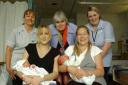 Student midwife Sally Harley, Lorna Tomkins and her daughter Rhianna, Dawn Johnston, Nardia Martin and her daughter Sian and midwife Claire Harvey at Darent Valley Hospital	NK7458