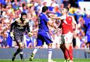 Arsenal's Gabriel, right, was sent off after clashing with Chelsea's Diego Costa