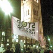 Demonstrators gathered outside Parliament ahead of a Commons debate about Heathrow Airport expansion.