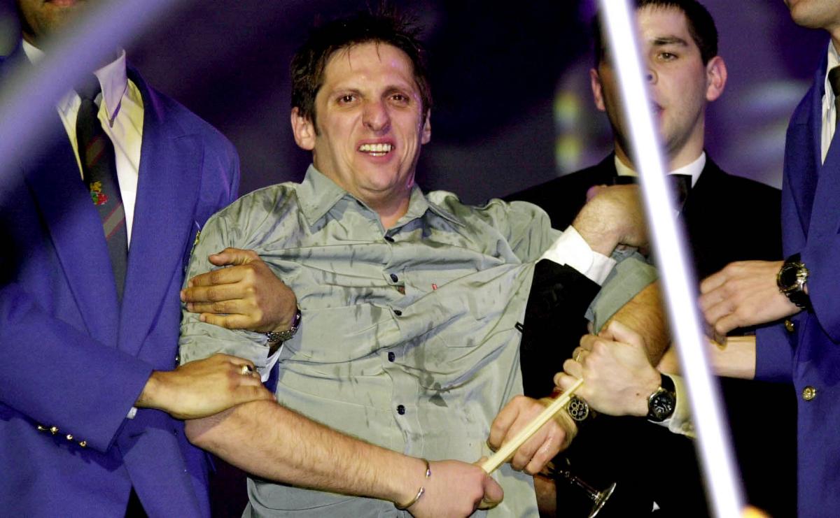 Street fighting man: DJ Brandon Block was later escorted from the stage at the 2000 Brit Awards after throwing a glass of water over Ronnie Wood... 