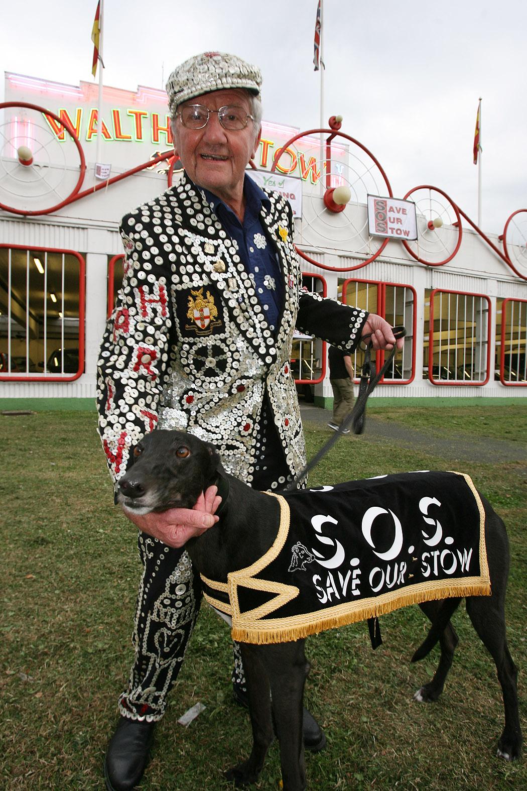 Pearly King Harry Mayhead with greyhound Wiggy