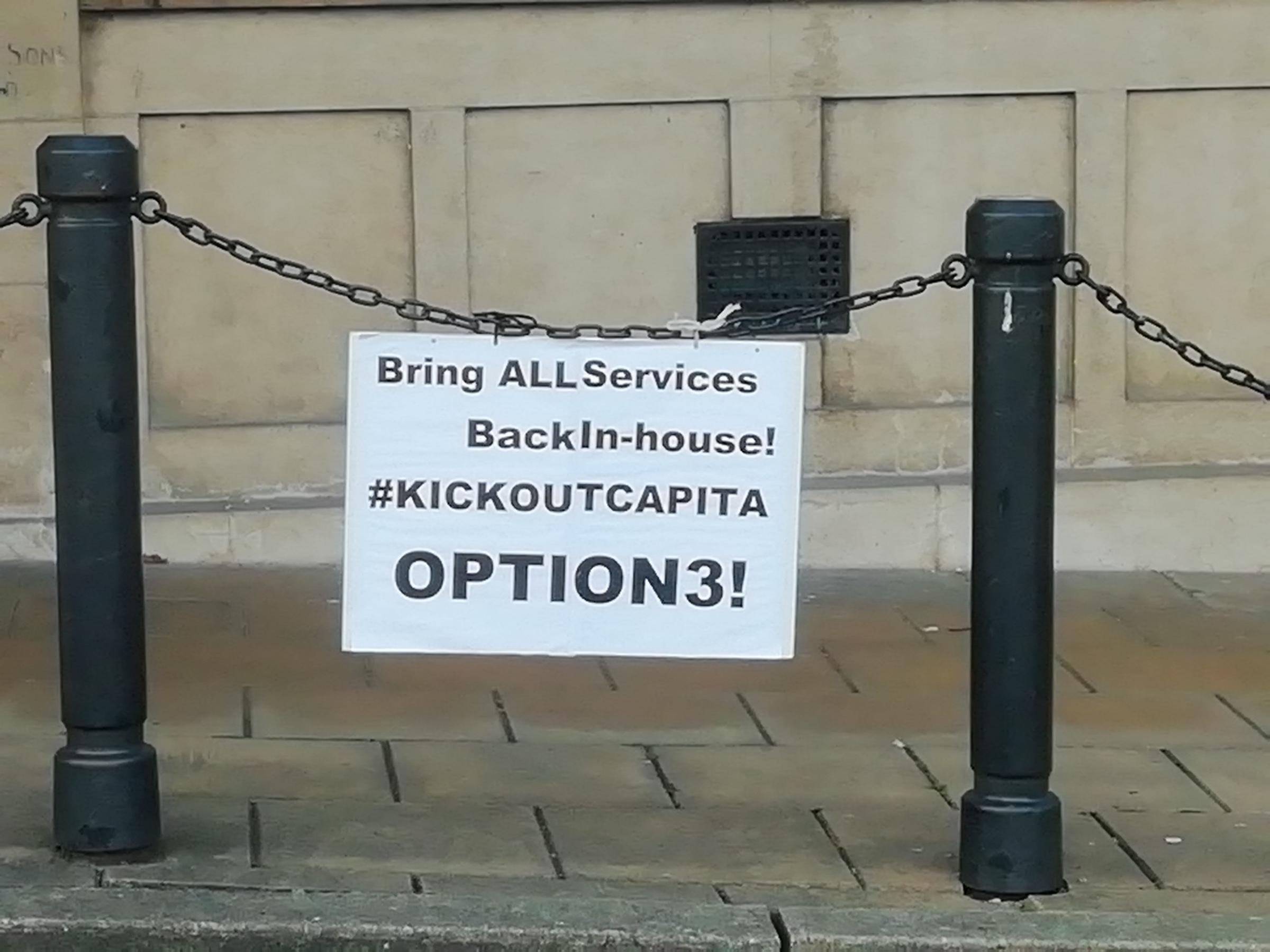 An anti-Capita sign outside Hendon Town Hall in June 2019
