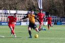Joe Taylor nets his 30th goal of the season and the first of two against Merstham - Pic Jon Hilliger