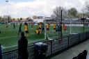 Harrison Sodje (partly hidden by goalkeeper Rob Tolfrey) smashes Cray Wanderers into an 11th minute lead.