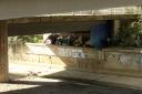 Rough sleepers camp under A406 underpass at Cooks Ferry Interchange. Chingford/Edmonton. 