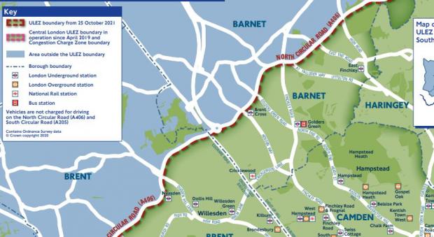 This Is Local London: ULEZ map zoomed in on the area for Barnet from Monday October 25. Credit: TfL