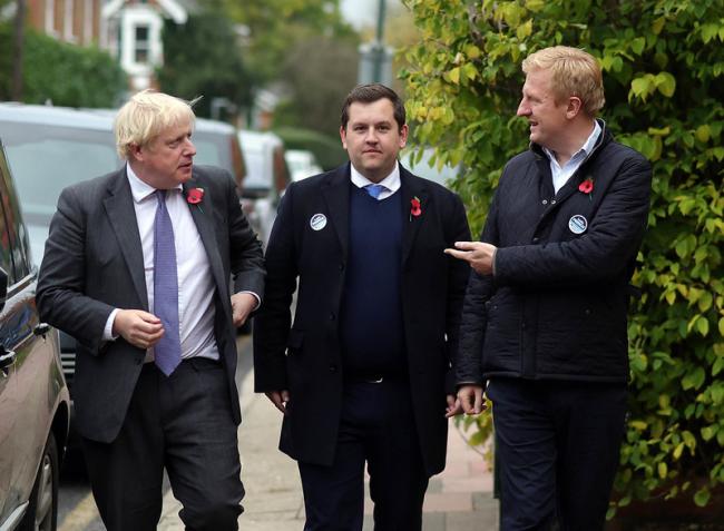 Boris Johnson, Louie French and Oliver Dowden in Sidcup (Andrew Parsons/CCHQ)
