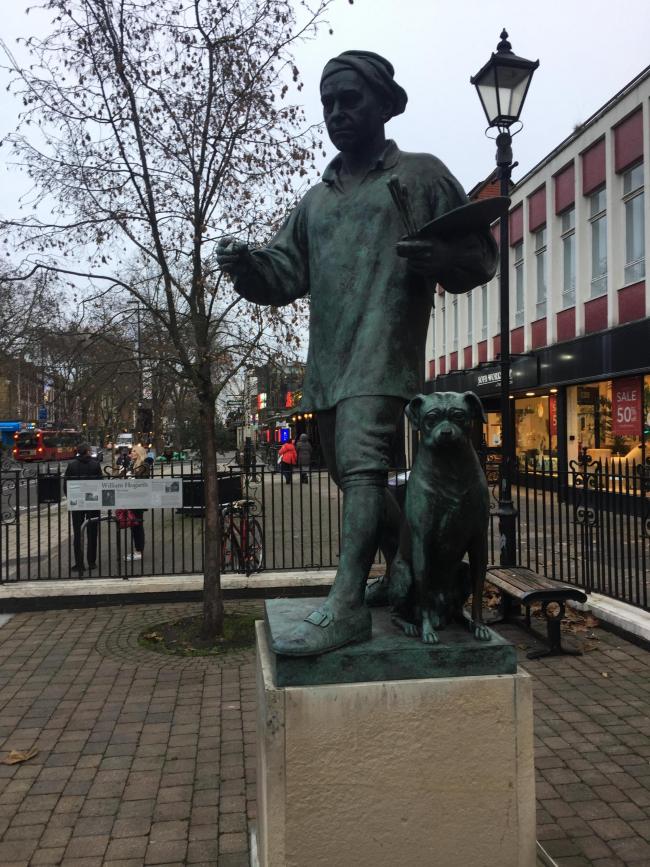 William Hogarth's statue on Chiswick High Road, alongside one of his pugs (he owned a number of them in his lifetime).