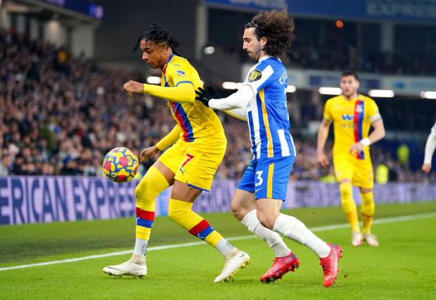 This Is Local London: Crystal Palace's Michael Olise (left) and Brighton and Hove Albion's Marc Cucurella battle for the ball during the Premier League match at the AMEX Stadium, Brighton.