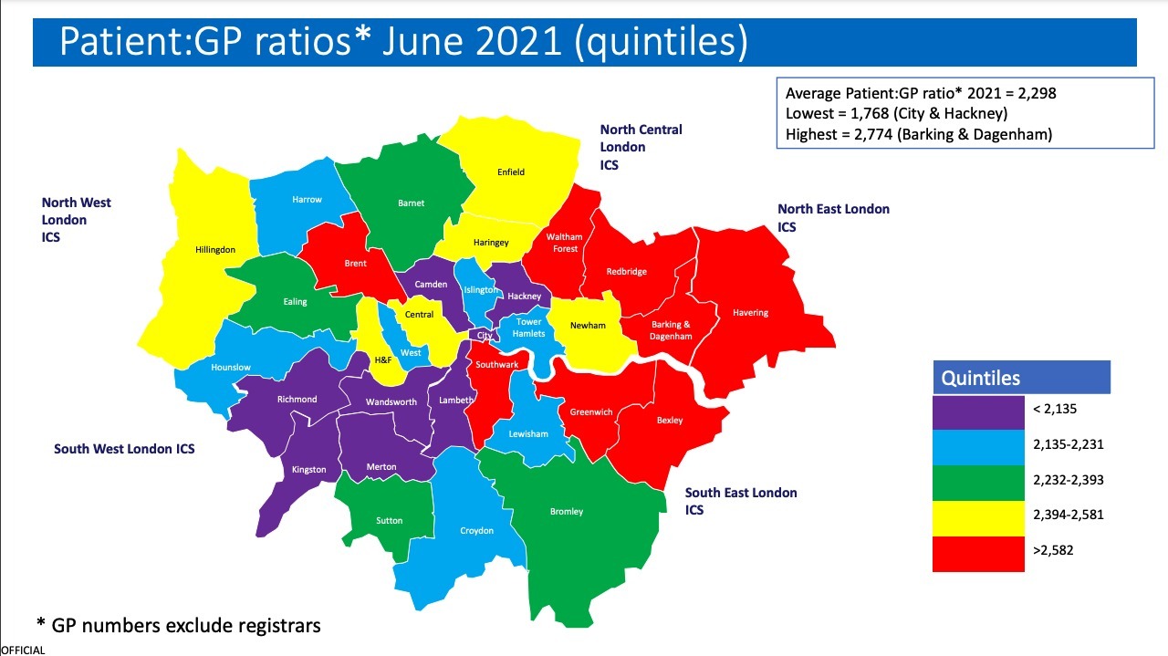 A map comparing GP to patient ratios in London boroughs Image: NEL CCG