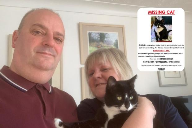 Mark and Linda Fishman reunited with missing cat Charlie, who hopped into a furniture delivery van in Halling, Kent, and was found in the Wanstead Flats area