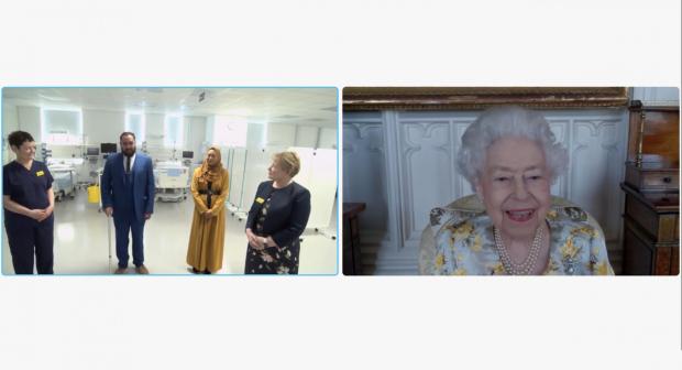 This Is Local London: Queen Elizabeth II speaking to Dr Marie Healey, Divisional Director for Surgery and Critical Care; Mr Asef and Mrs Shamina Hussain; and Jackie Sullivan during a video link call (PA)
