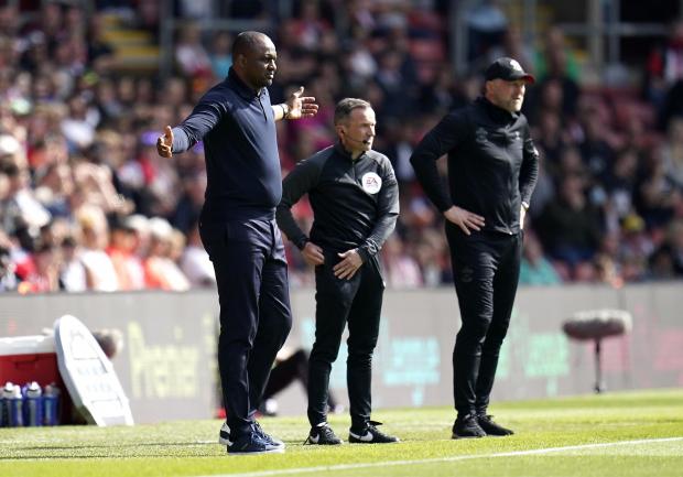 This Is Local London: Crystal Palace manager Patrick Vieira (left) reacts as fourth official Keith Stroud and Southampton manager Ralph Hasenhuttl (right) look on during the Premier League match at St Mary's Stadium, Southampton