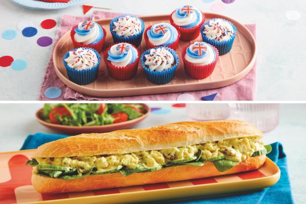 This Is Local London: (Top) Jubilee Cupcake Platter (bottom) Coronation Chicken Baguette (Morrisons/Canva)