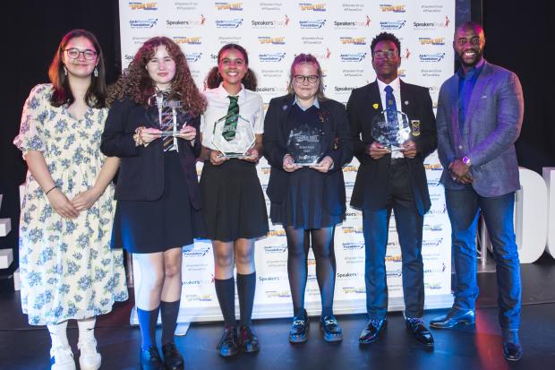 This Is Local London: Left to right: Mayumi Staunton – 2021 winner, Grace McCarthy – third place, Maya Redley – fourth place, Izzy Hilton – second place, Michael Akinyemi – winner and Tim Campbell MBE. Picture: Andrew Preece
