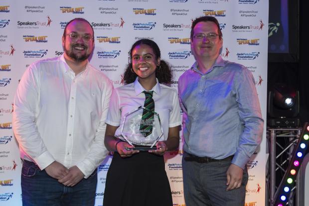 This Is Local London: Left to right: Lewis Hooper, youth trustee of the Jack Petchey Foundation, Maya Redley and Russell Findlay, chief executive officer of Speakers Trust. Picture: Andrew Preece