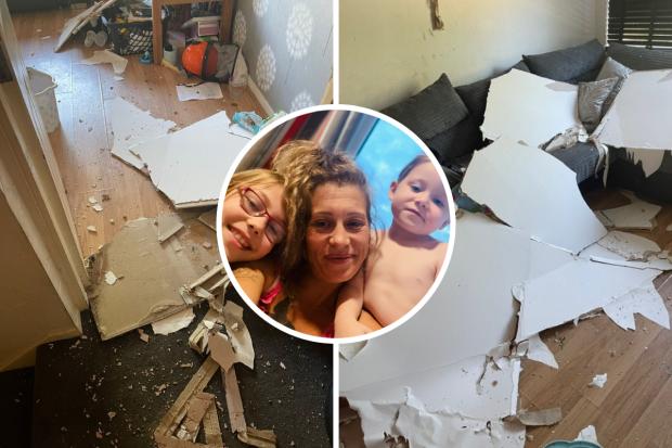 Deanne Harding with her children and (inset) damage to her flat. Pictures: Deanne Harding