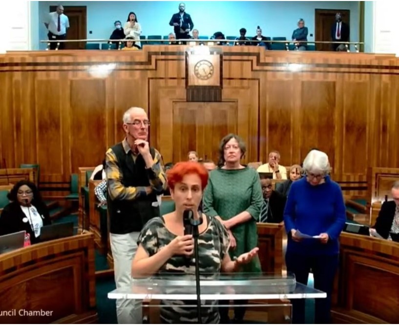 Morning Lane deputation Hackney full council October 2022. Heather Mendick addresses council, screenshot, free for use by partners of BBC news wire service