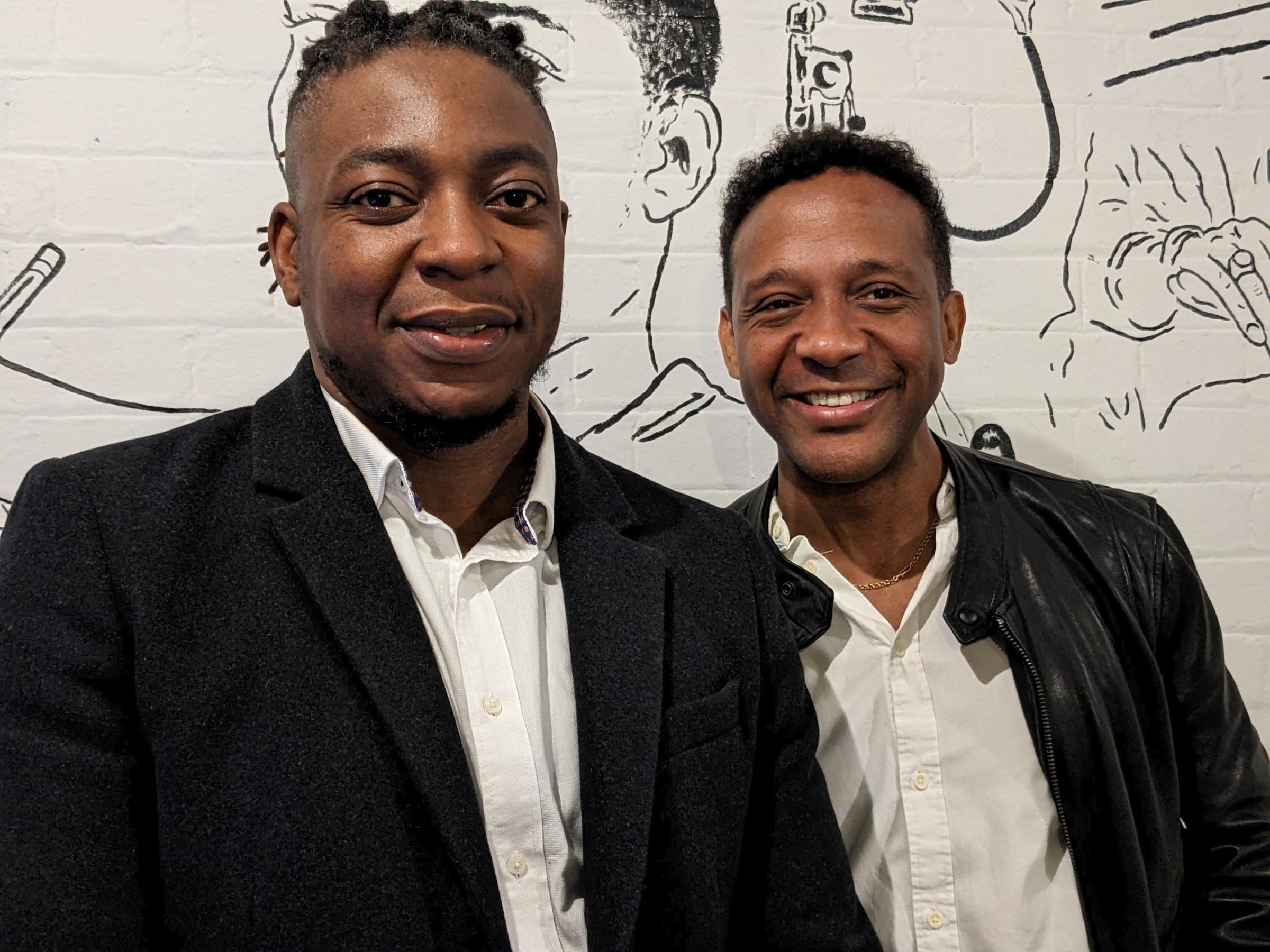 Barbers Mitch Fly and Ivelaw King who are trained up to offer mental health support, pic Julia Gregory, free for use by partners of BBC news wire service
