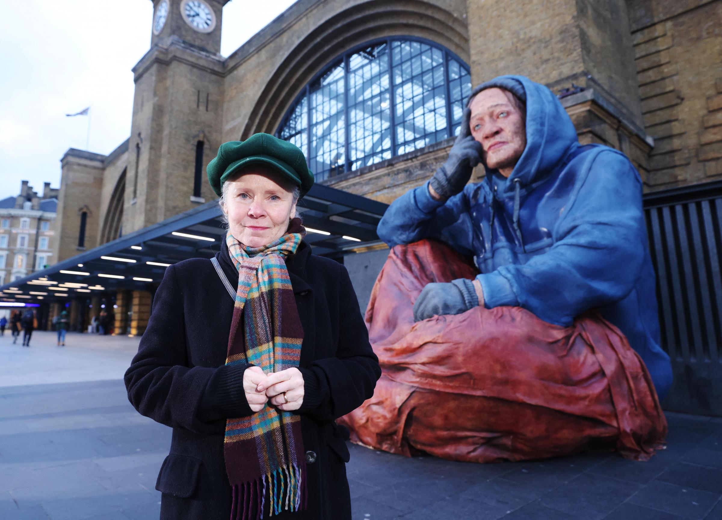 Imelda Staunton unveils giant homeless sculpture at King's Cross