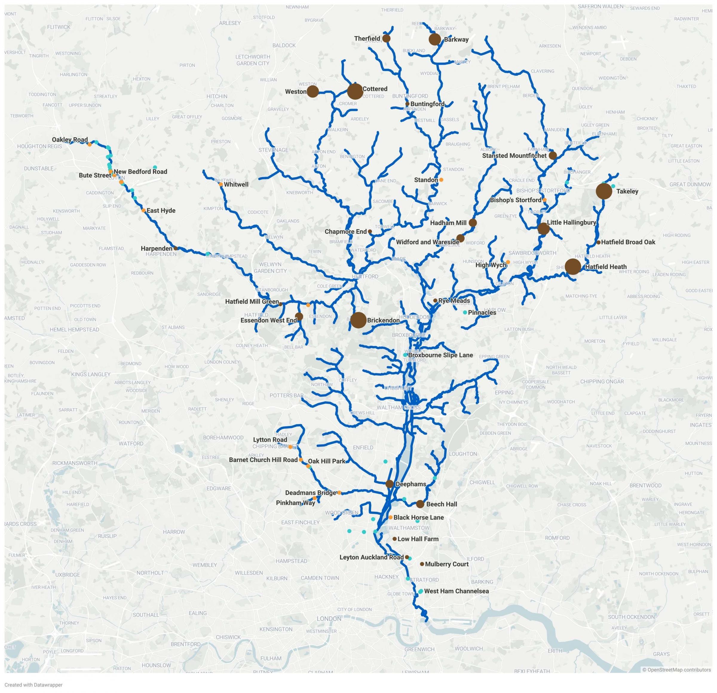 River Lee sewage discharge sites map. Credit: Environment Agency via Local Democracy Reporting Service, uses OS OpenData. Key: Brown - Discharge for more than one day; Orange - Discharge between 1-24 hours; Blue - Discharge less than one hour or none