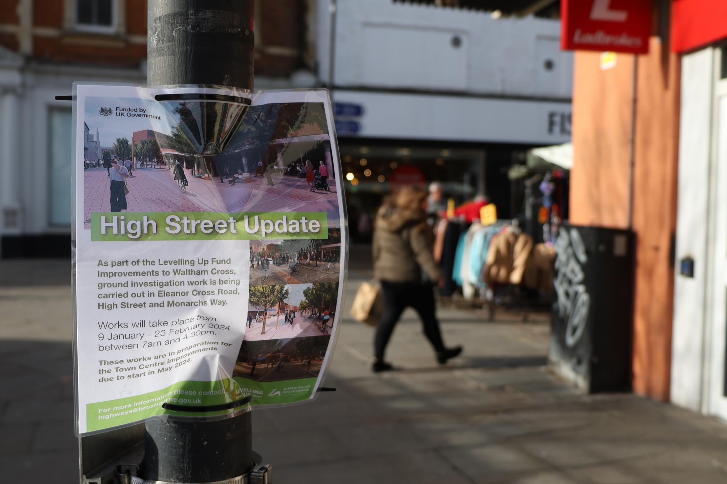 A High Street Update sign in Waltham Cross, Hertfordshire, ahead of a Levelling Up Fund-backed regeneration project in the town centre.