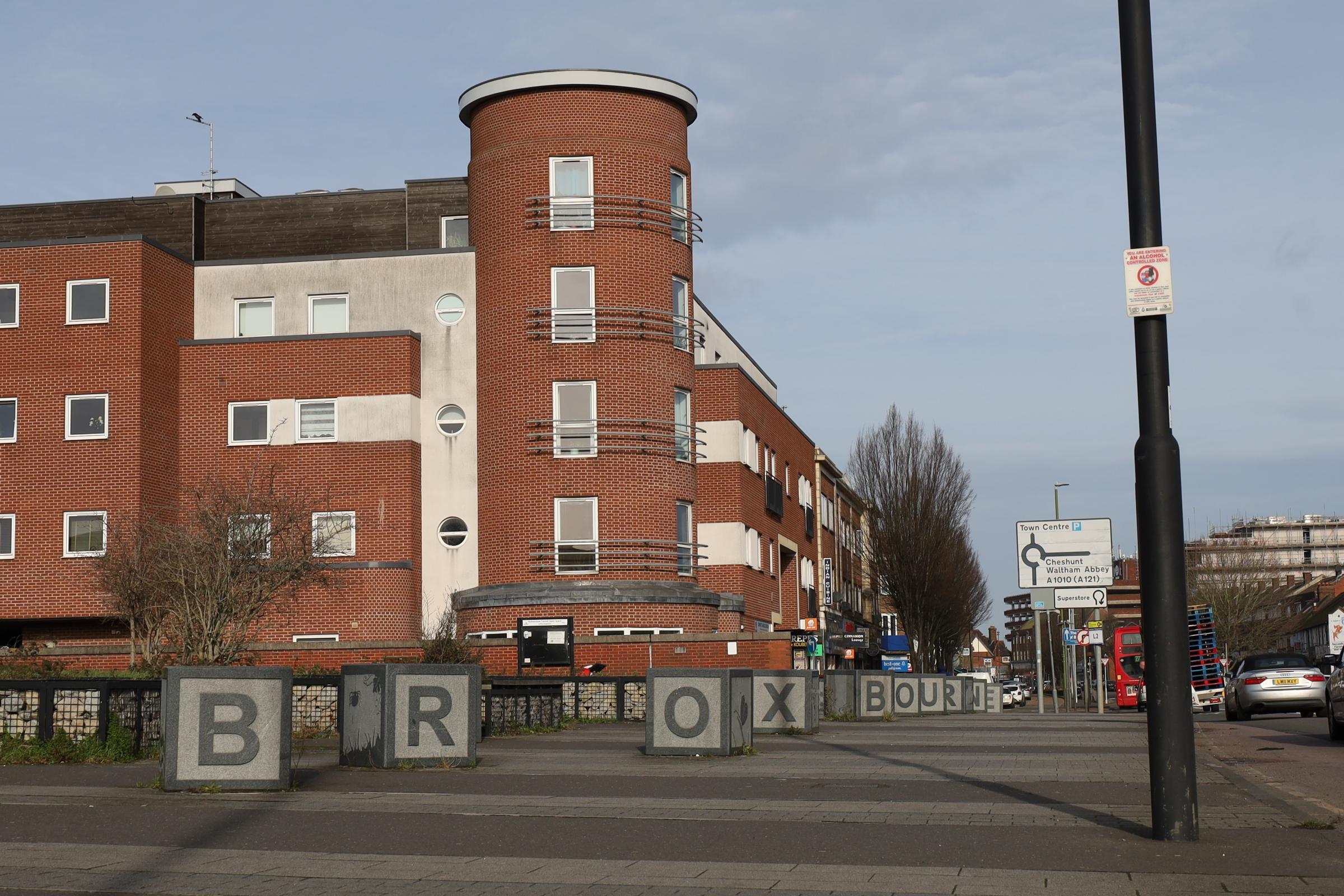 A Broxbourne sign at Waltham Cross, on the London and Hertfordshire boundary.