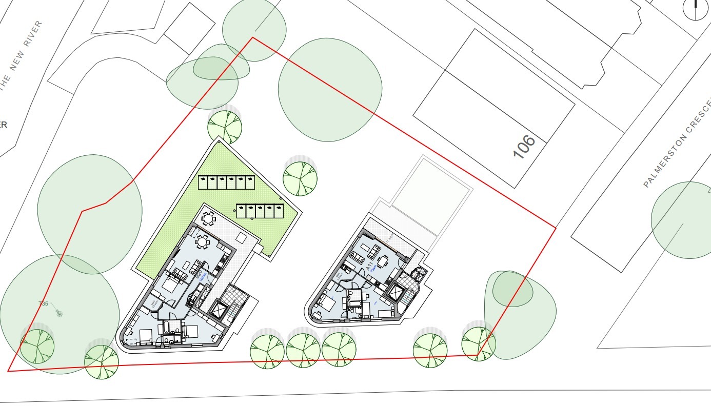 This image shows a screenshot of the outline of the development plans for 108-112 Palmerston Crescent (NOT submitted with permission) 