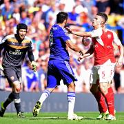 Arsenal's Gabriel, right, was sent off after clashing with Chelsea's Diego Costa